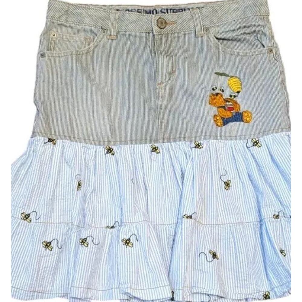 vintage Denim ruffled Skirt Women 12 Winnie Pooh Seersucker Jean Y2k 90s Disney